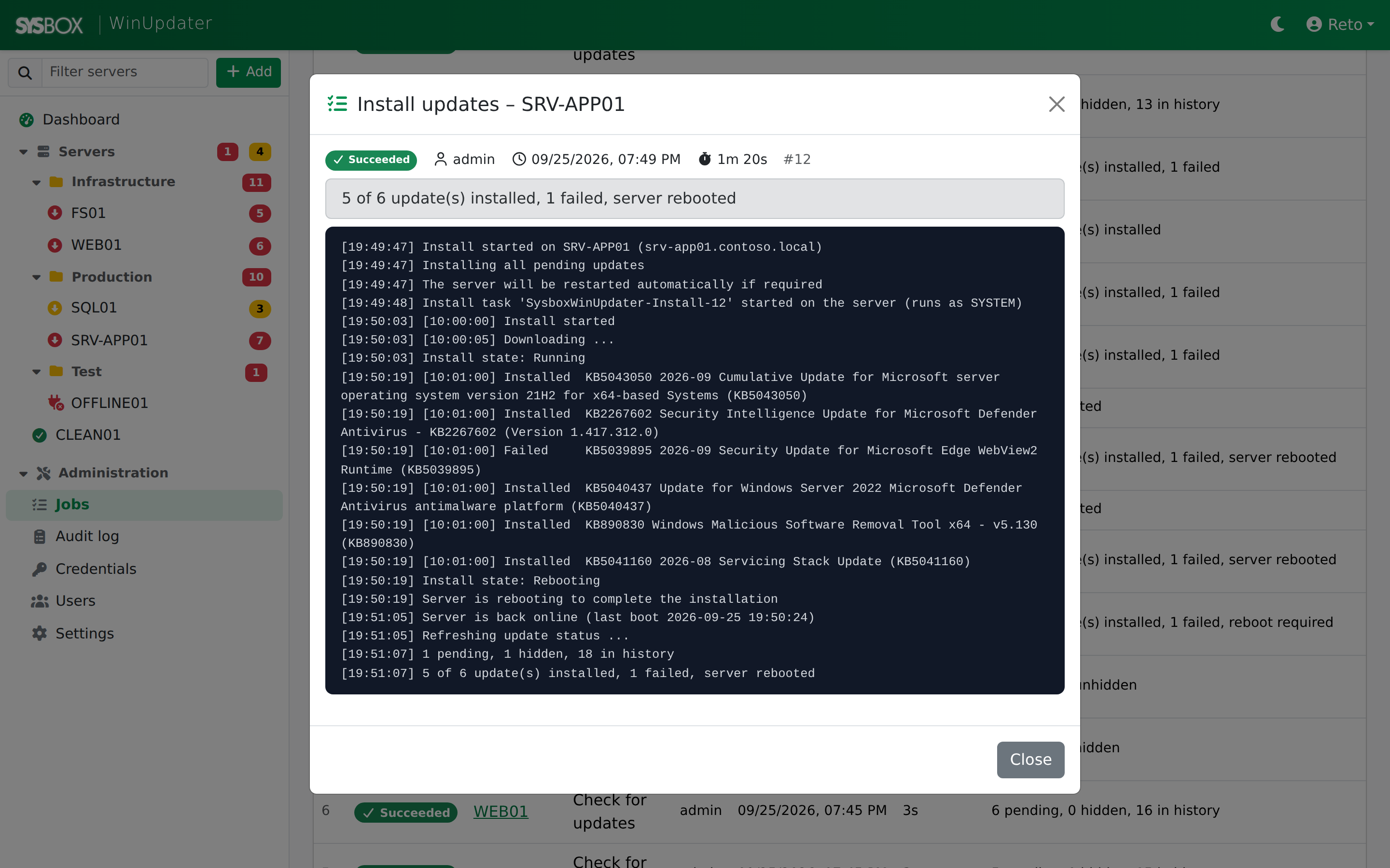 Live job log of an install with a restart