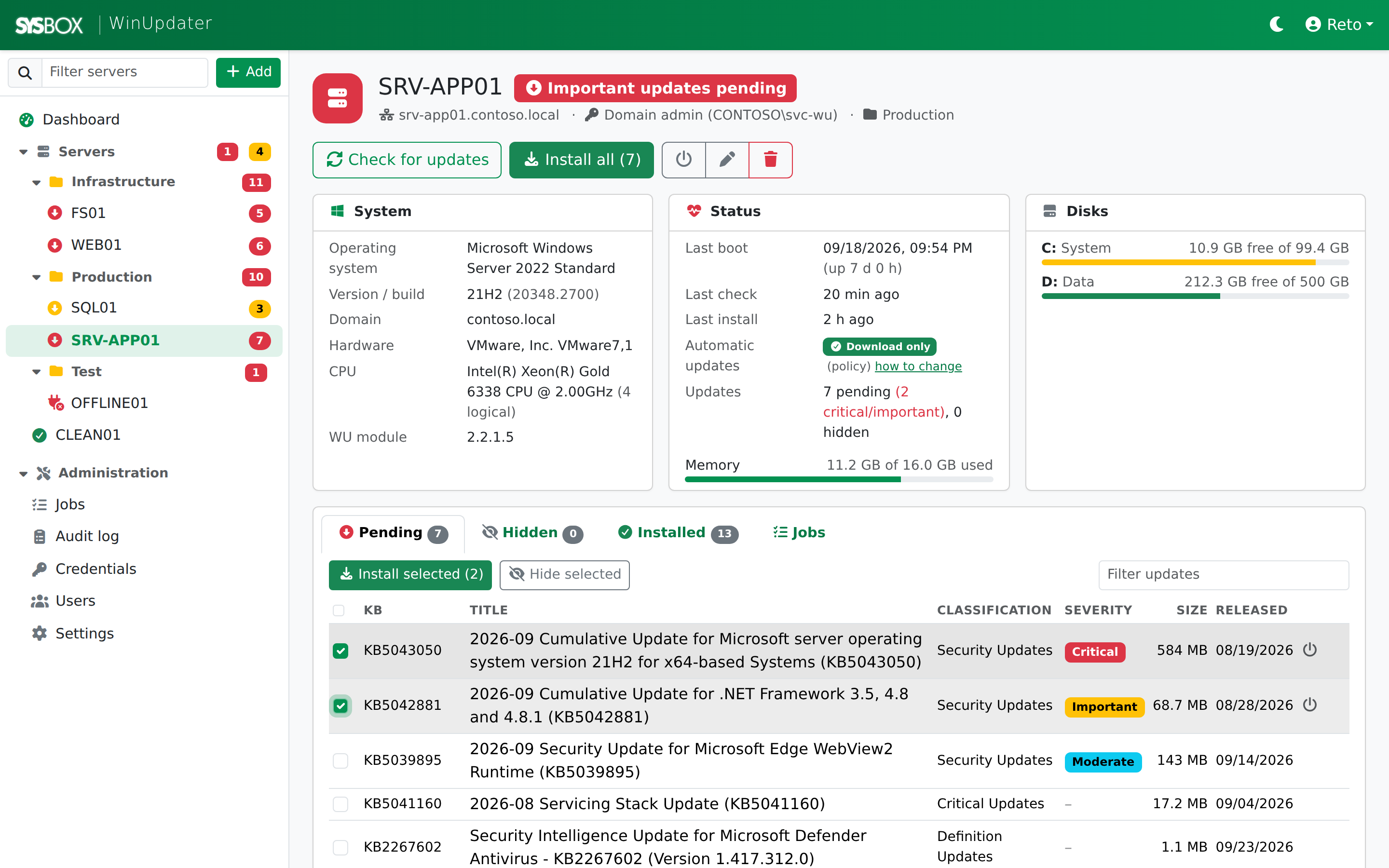 WinUpdater server details page with system info and pending updates, two selected